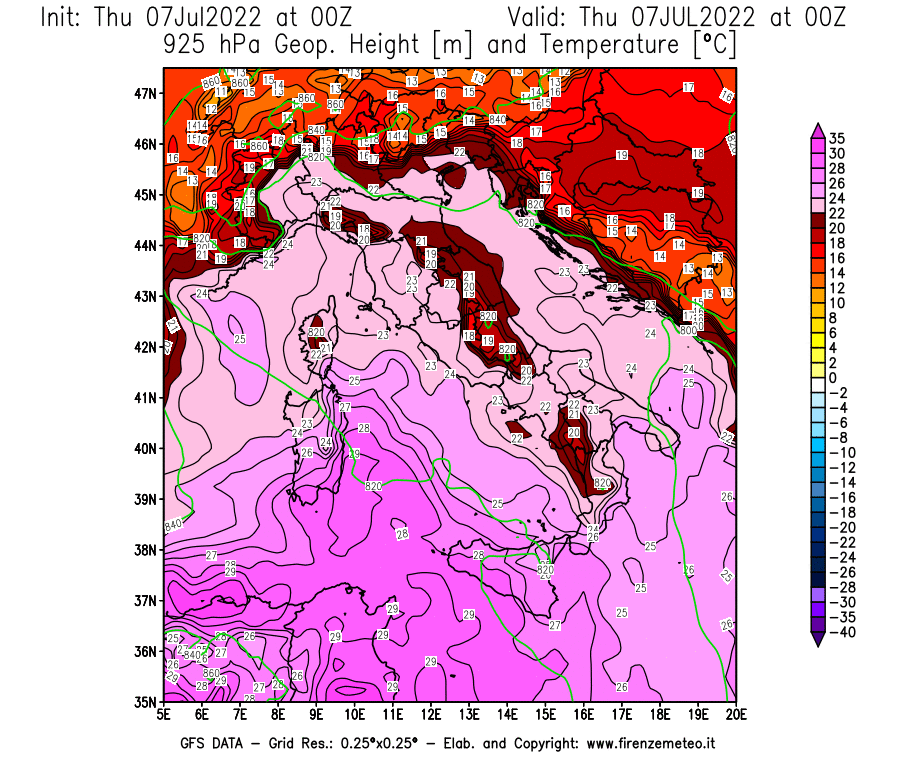GFS analysi map - Geopotential [m] and Temperature [°C] at 925 hPa in Italy
									on 07/07/2022 00 <!--googleoff: index-->UTC<!--googleon: index-->