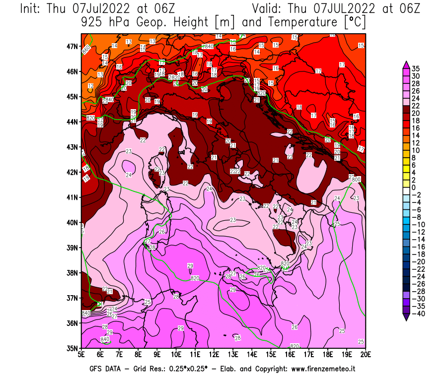 GFS analysi map - Geopotential [m] and Temperature [°C] at 925 hPa in Italy
									on 07/07/2022 06 <!--googleoff: index-->UTC<!--googleon: index-->