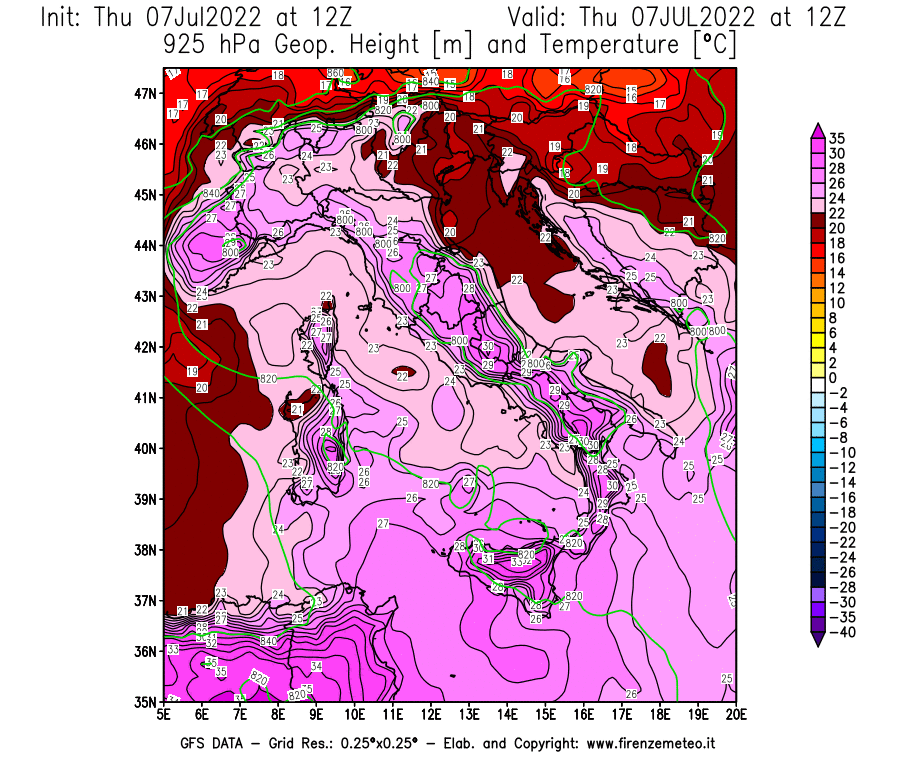 GFS analysi map - Geopotential [m] and Temperature [°C] at 925 hPa in Italy
									on 07/07/2022 12 <!--googleoff: index-->UTC<!--googleon: index-->