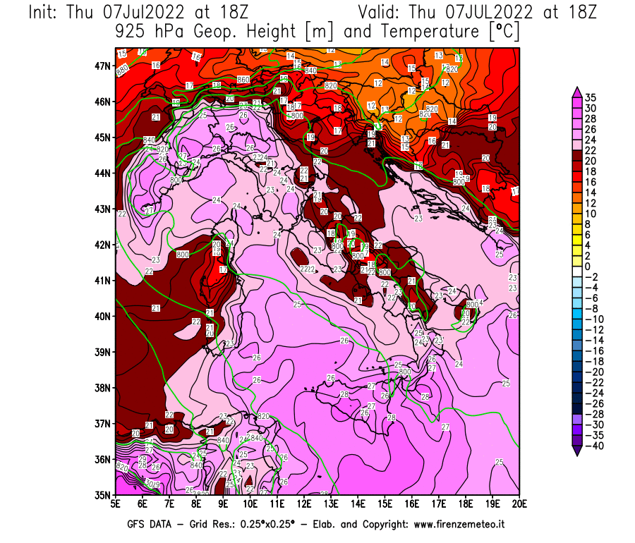 GFS analysi map - Geopotential [m] and Temperature [°C] at 925 hPa in Italy
									on 07/07/2022 18 <!--googleoff: index-->UTC<!--googleon: index-->