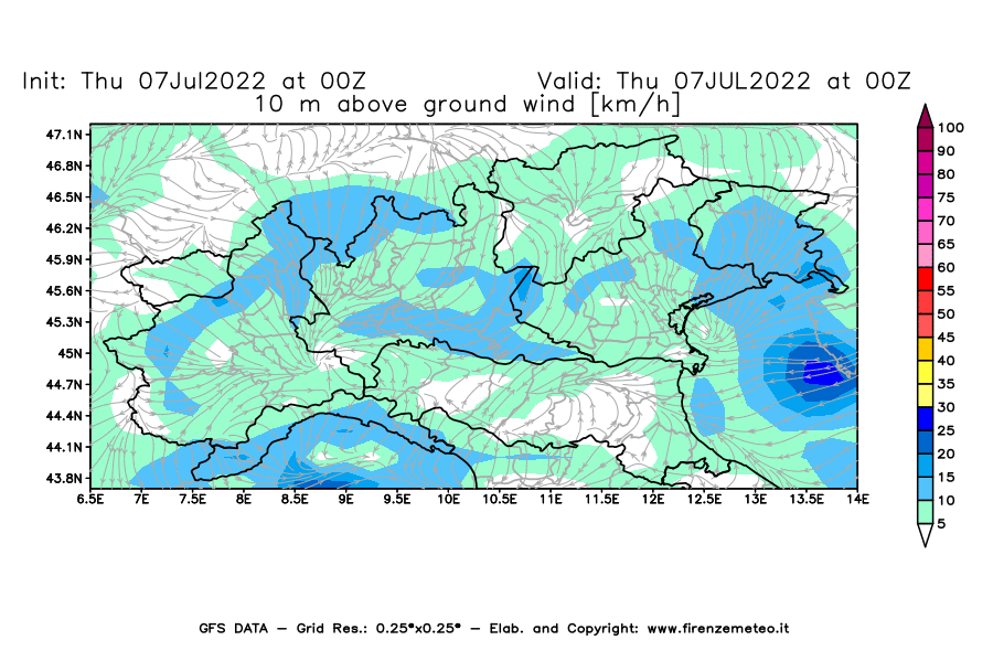 GFS analysi map - Wind Speed at 10 m above ground [km/h] in Northern Italy
									on 07/07/2022 00 <!--googleoff: index-->UTC<!--googleon: index-->
