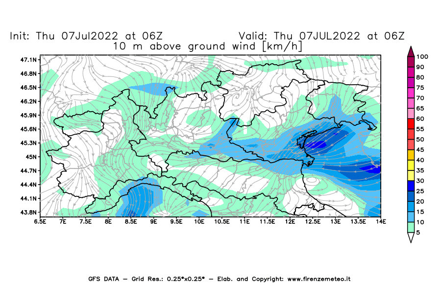 GFS analysi map - Wind Speed at 10 m above ground [km/h] in Northern Italy
									on 07/07/2022 06 <!--googleoff: index-->UTC<!--googleon: index-->