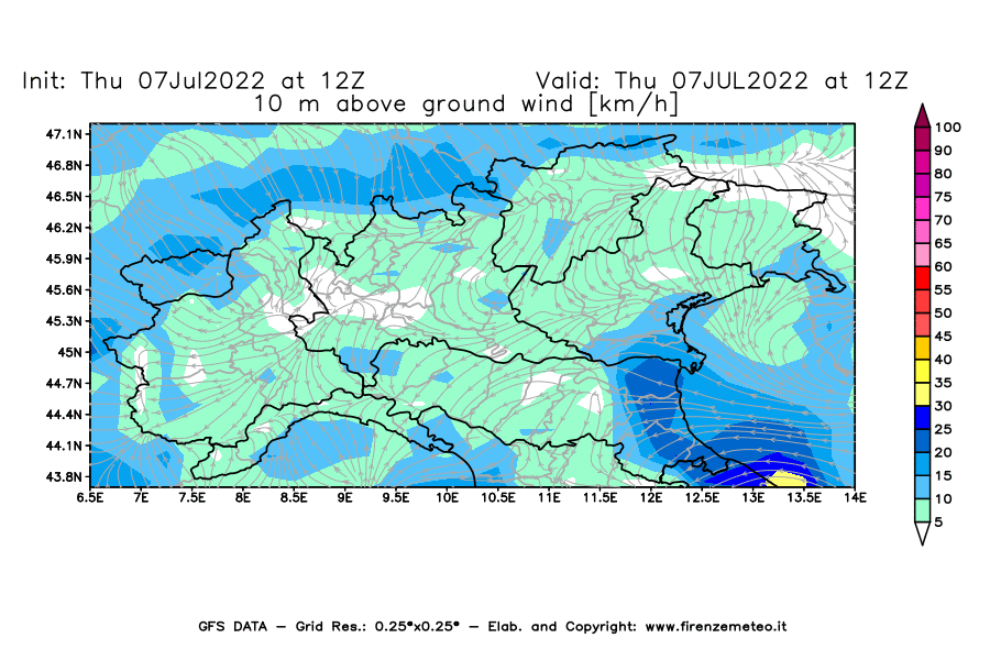 GFS analysi map - Wind Speed at 10 m above ground [km/h] in Northern Italy
									on 07/07/2022 12 <!--googleoff: index-->UTC<!--googleon: index-->