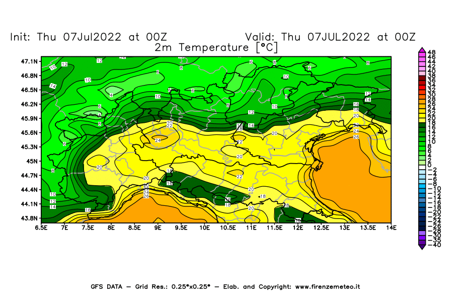 GFS analysi map - Temperature at 2 m above ground [°C] in Northern Italy
									on 07/07/2022 00 <!--googleoff: index-->UTC<!--googleon: index-->