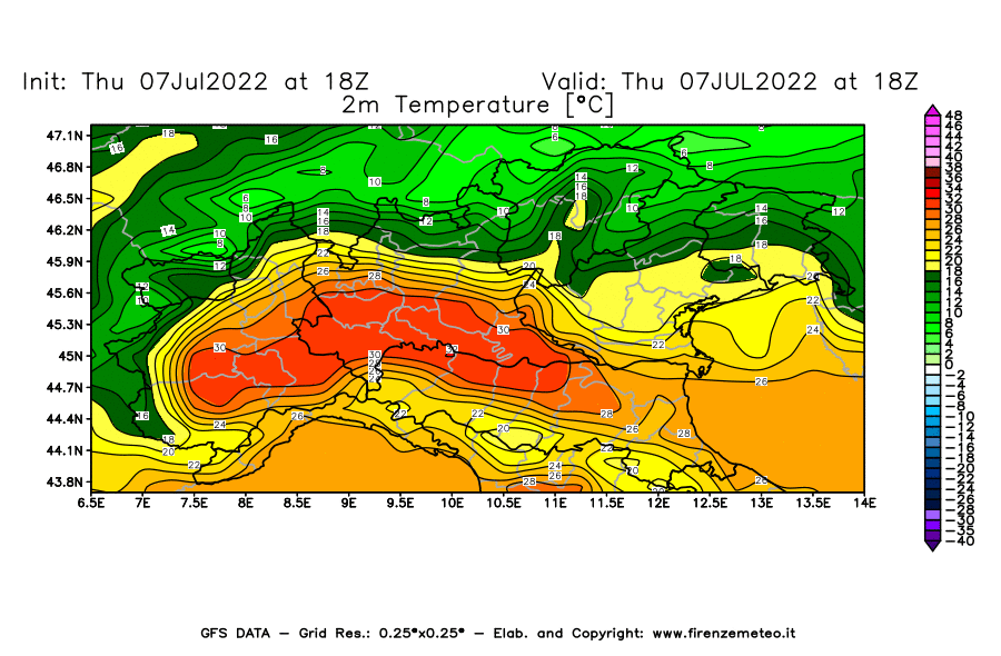 GFS analysi map - Temperature at 2 m above ground [°C] in Northern Italy
									on 07/07/2022 18 <!--googleoff: index-->UTC<!--googleon: index-->