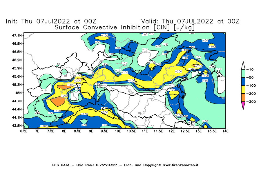 GFS analysi map - CIN [J/kg] in Northern Italy
									on 07/07/2022 00 <!--googleoff: index-->UTC<!--googleon: index-->