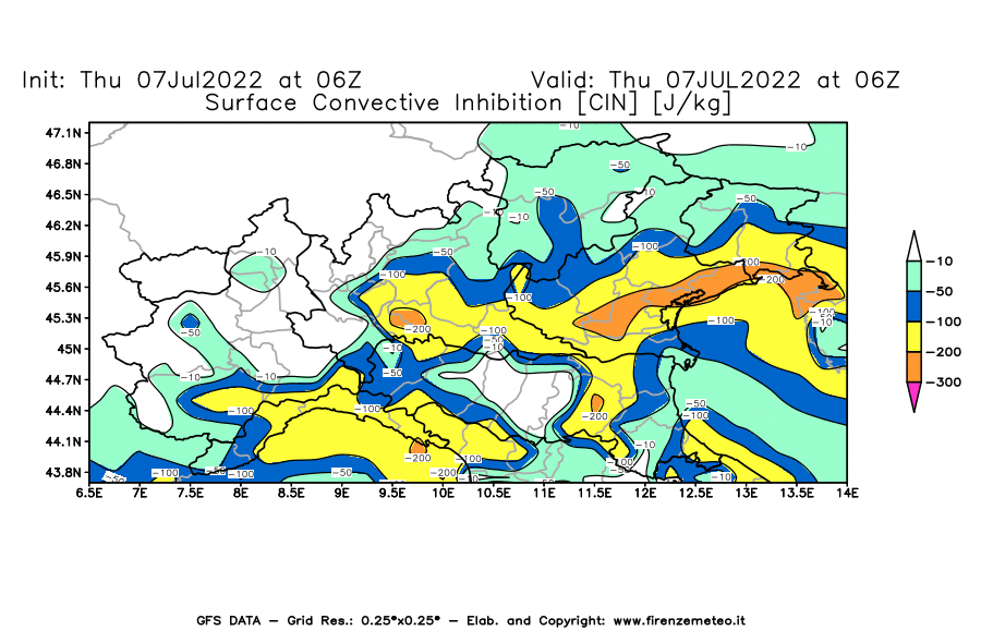 GFS analysi map - CIN [J/kg] in Northern Italy
									on 07/07/2022 06 <!--googleoff: index-->UTC<!--googleon: index-->