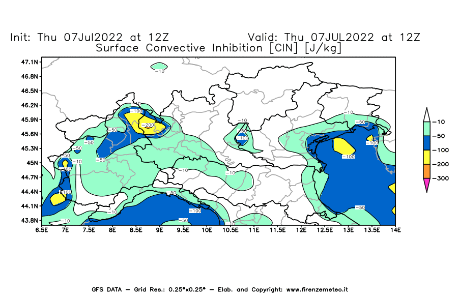 GFS analysi map - CIN [J/kg] in Northern Italy
									on 07/07/2022 12 <!--googleoff: index-->UTC<!--googleon: index-->