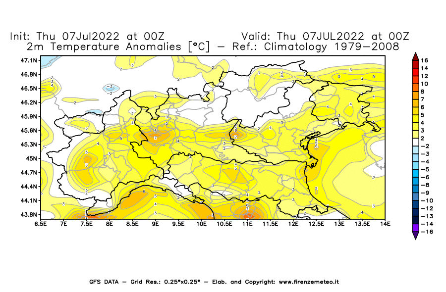 GFS analysi map - Temperature Anomalies [°C] at 2 m in Northern Italy
									on 07/07/2022 00 <!--googleoff: index-->UTC<!--googleon: index-->