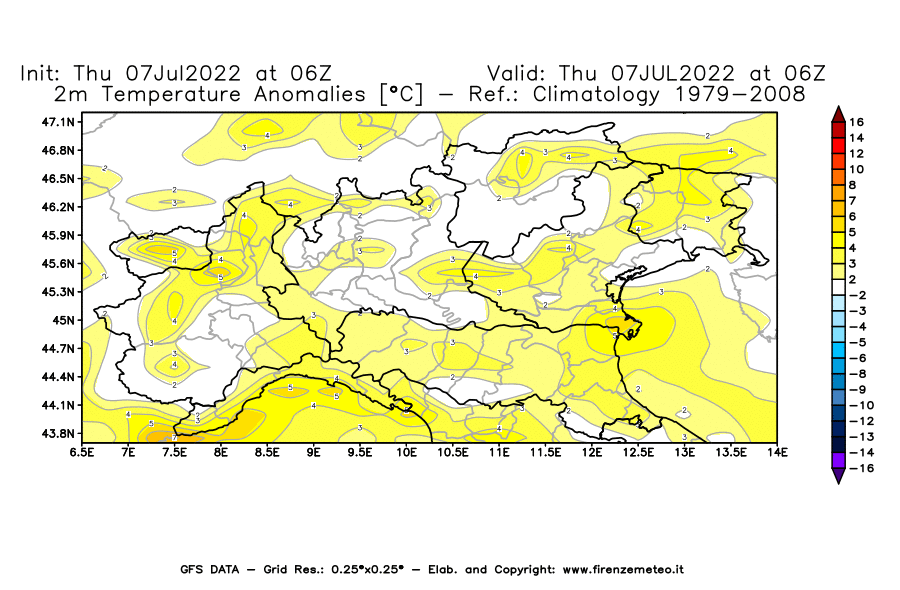 GFS analysi map - Temperature Anomalies [°C] at 2 m in Northern Italy
									on 07/07/2022 06 <!--googleoff: index-->UTC<!--googleon: index-->