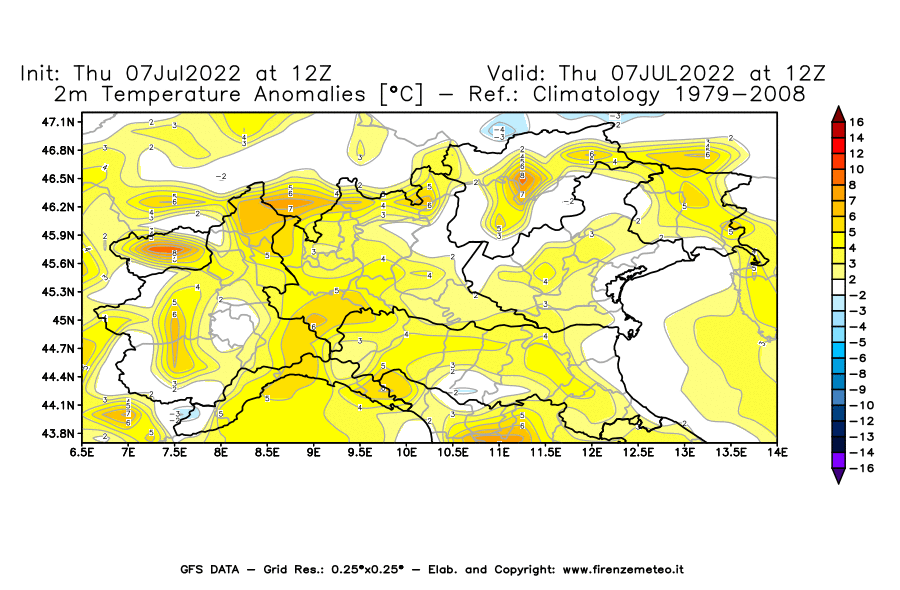 GFS analysi map - Temperature Anomalies [°C] at 2 m in Northern Italy
									on 07/07/2022 12 <!--googleoff: index-->UTC<!--googleon: index-->
