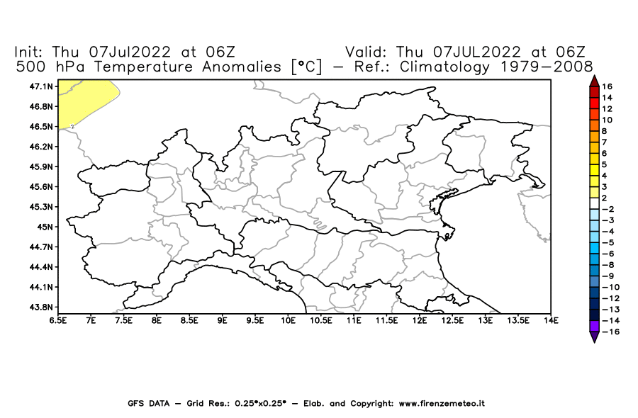 GFS analysi map - Temperature Anomalies [°C] at 500 hPa in Northern Italy
									on 07/07/2022 06 <!--googleoff: index-->UTC<!--googleon: index-->