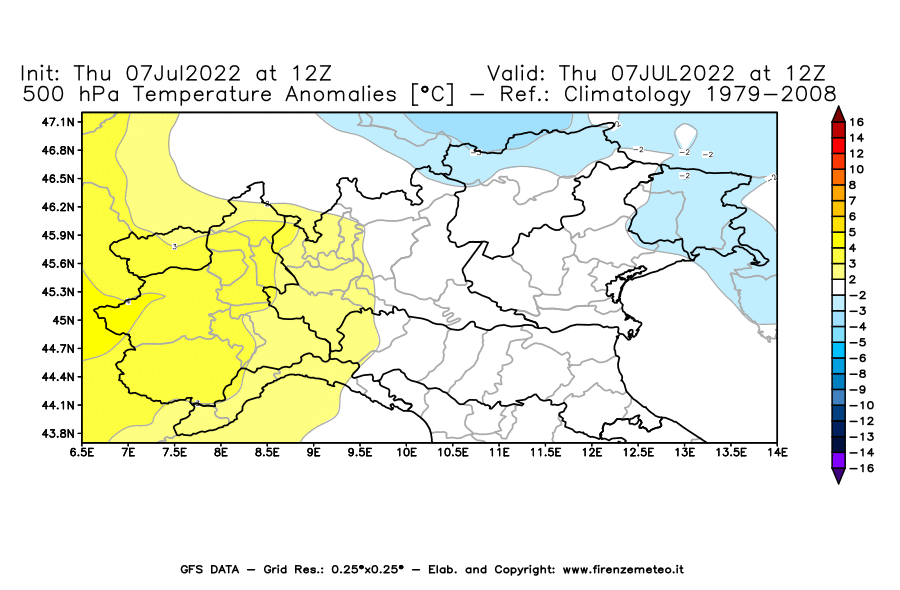GFS analysi map - Temperature Anomalies [°C] at 500 hPa in Northern Italy
									on 07/07/2022 12 <!--googleoff: index-->UTC<!--googleon: index-->
