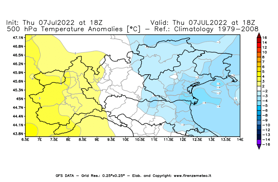 GFS analysi map - Temperature Anomalies [°C] at 500 hPa in Northern Italy
									on 07/07/2022 18 <!--googleoff: index-->UTC<!--googleon: index-->