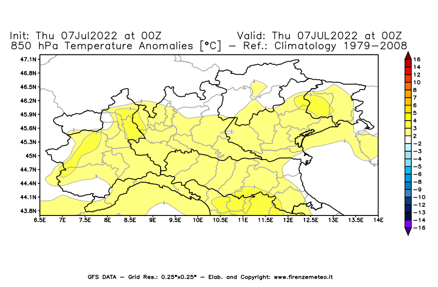 GFS analysi map - Temperature Anomalies [°C] at 850 hPa in Northern Italy
									on 07/07/2022 00 <!--googleoff: index-->UTC<!--googleon: index-->