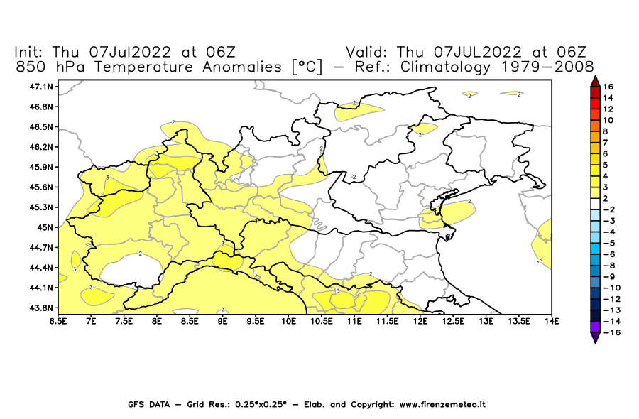 GFS analysi map - Temperature Anomalies [°C] at 850 hPa in Northern Italy
									on 07/07/2022 06 <!--googleoff: index-->UTC<!--googleon: index-->