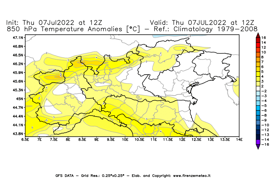 GFS analysi map - Temperature Anomalies [°C] at 850 hPa in Northern Italy
									on 07/07/2022 12 <!--googleoff: index-->UTC<!--googleon: index-->