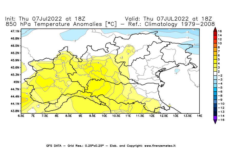 GFS analysi map - Temperature Anomalies [°C] at 850 hPa in Northern Italy
									on 07/07/2022 18 <!--googleoff: index-->UTC<!--googleon: index-->