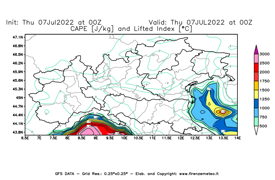 GFS analysi map - CAPE [J/kg] and Lifted Index [°C] in Northern Italy
									on 07/07/2022 00 <!--googleoff: index-->UTC<!--googleon: index-->