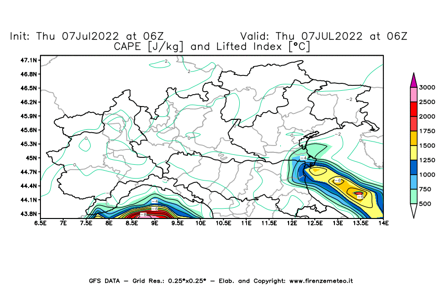 GFS analysi map - CAPE [J/kg] and Lifted Index [°C] in Northern Italy
									on 07/07/2022 06 <!--googleoff: index-->UTC<!--googleon: index-->