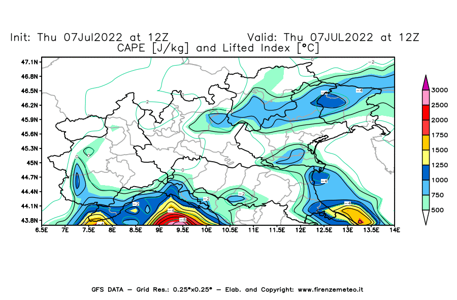 GFS analysi map - CAPE [J/kg] and Lifted Index [°C] in Northern Italy
									on 07/07/2022 12 <!--googleoff: index-->UTC<!--googleon: index-->