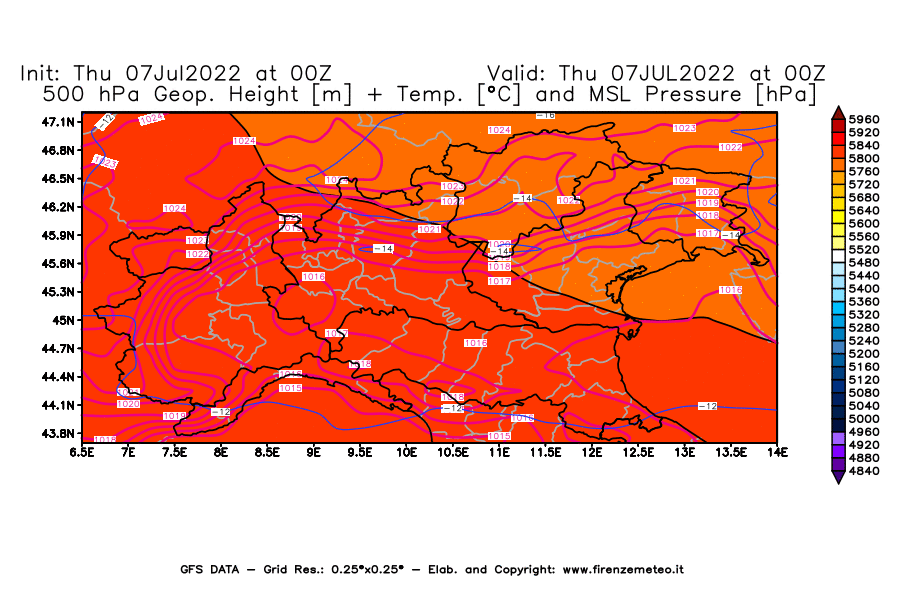 GFS analysi map - Geopotential [m] + Temp. [°C] at 500 hPa + Sea Level Pressure [hPa] in Northern Italy
									on 07/07/2022 00 <!--googleoff: index-->UTC<!--googleon: index-->