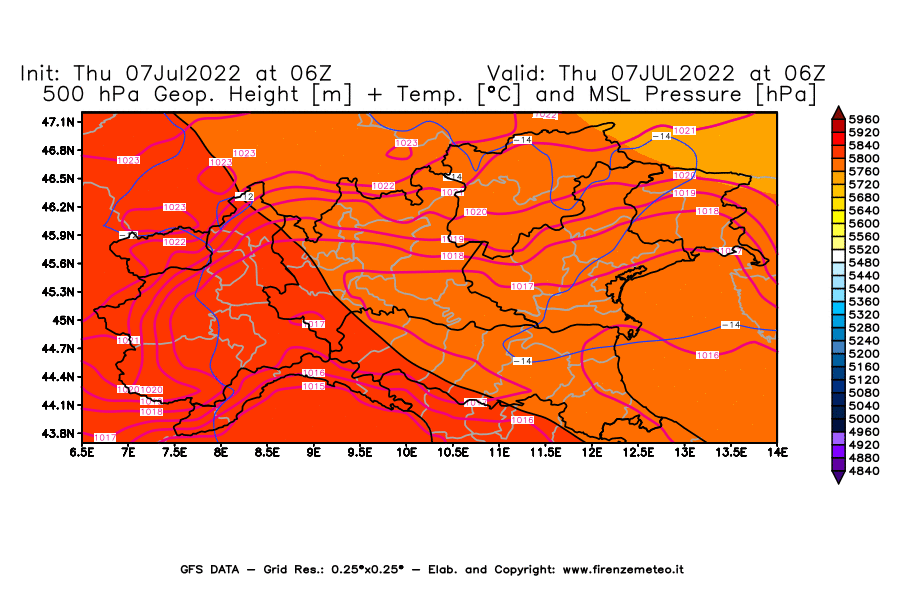 GFS analysi map - Geopotential [m] + Temp. [°C] at 500 hPa + Sea Level Pressure [hPa] in Northern Italy
									on 07/07/2022 06 <!--googleoff: index-->UTC<!--googleon: index-->