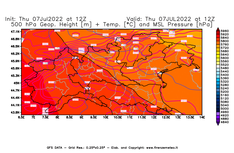 GFS analysi map - Geopotential [m] + Temp. [°C] at 500 hPa + Sea Level Pressure [hPa] in Northern Italy
									on 07/07/2022 12 <!--googleoff: index-->UTC<!--googleon: index-->