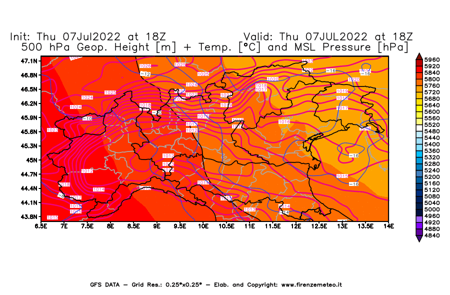 GFS analysi map - Geopotential [m] + Temp. [°C] at 500 hPa + Sea Level Pressure [hPa] in Northern Italy
									on 07/07/2022 18 <!--googleoff: index-->UTC<!--googleon: index-->
