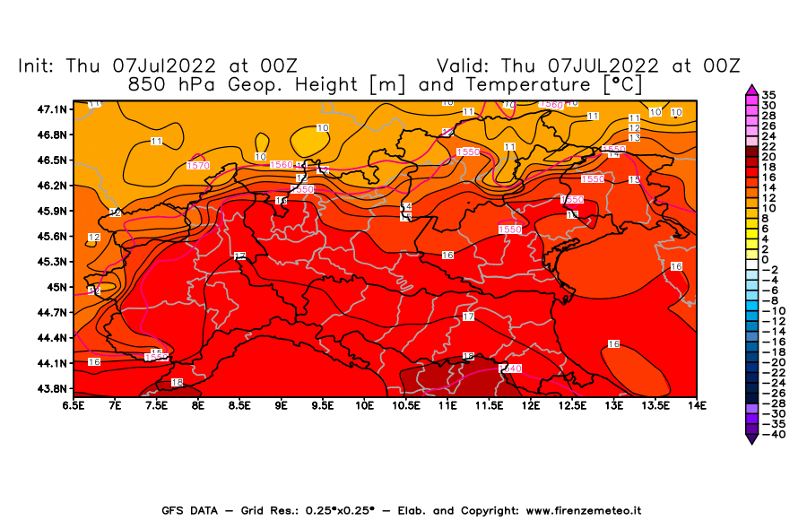 GFS analysi map - Geopotential [m] and Temperature [°C] at 850 hPa in Northern Italy
									on 07/07/2022 00 <!--googleoff: index-->UTC<!--googleon: index-->