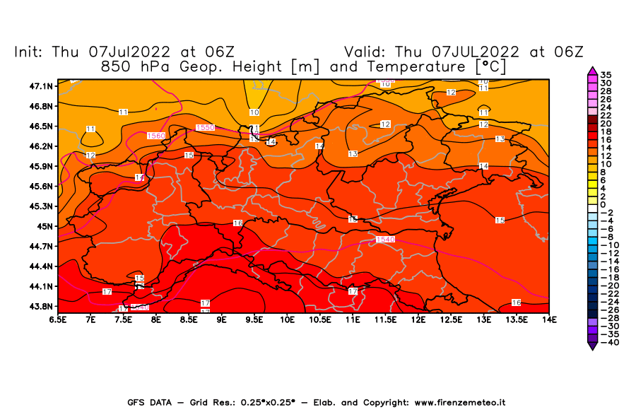 GFS analysi map - Geopotential [m] and Temperature [°C] at 850 hPa in Northern Italy
									on 07/07/2022 06 <!--googleoff: index-->UTC<!--googleon: index-->