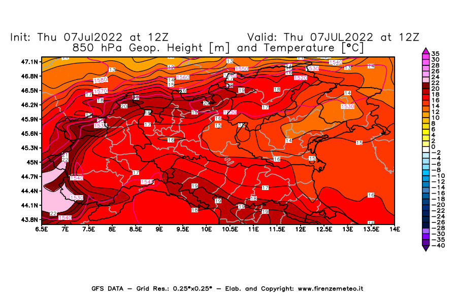 GFS analysi map - Geopotential [m] and Temperature [°C] at 850 hPa in Northern Italy
									on 07/07/2022 12 <!--googleoff: index-->UTC<!--googleon: index-->