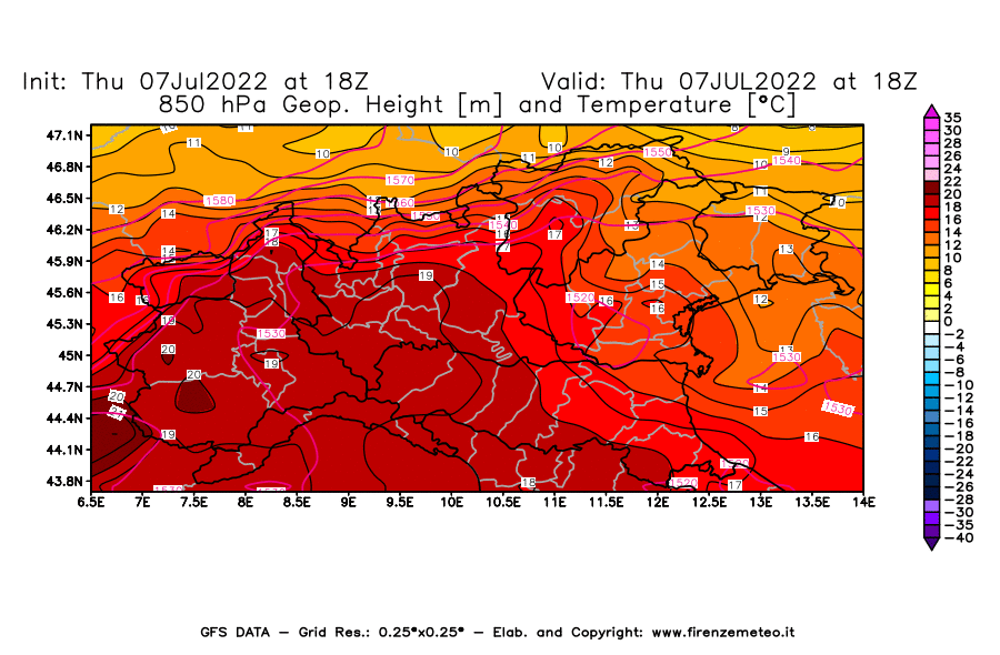 GFS analysi map - Geopotential [m] and Temperature [°C] at 850 hPa in Northern Italy
									on 07/07/2022 18 <!--googleoff: index-->UTC<!--googleon: index-->