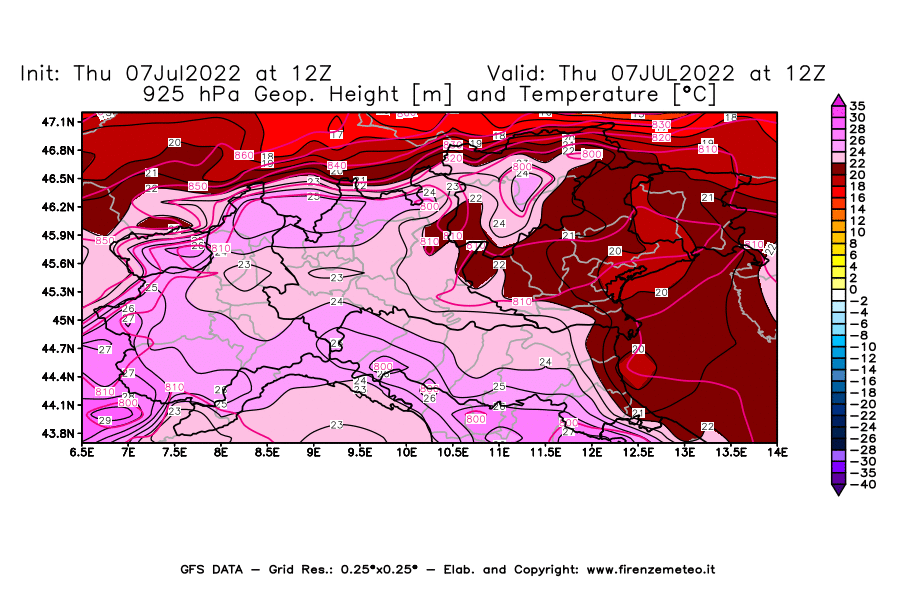 GFS analysi map - Geopotential [m] and Temperature [°C] at 925 hPa in Northern Italy
									on 07/07/2022 12 <!--googleoff: index-->UTC<!--googleon: index-->