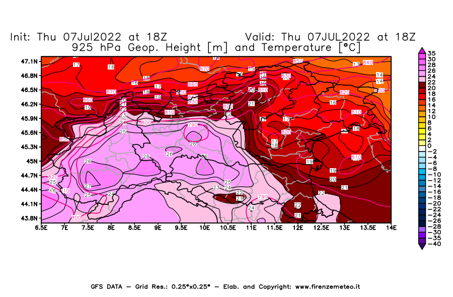 GFS analysi map - Geopotential [m] and Temperature [°C] at 925 hPa in Northern Italy
									on 07/07/2022 18 <!--googleoff: index-->UTC<!--googleon: index-->