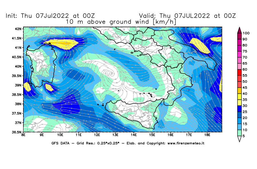 GFS analysi map - Wind Speed at 10 m above ground [km/h] in Southern Italy
									on 07/07/2022 00 <!--googleoff: index-->UTC<!--googleon: index-->