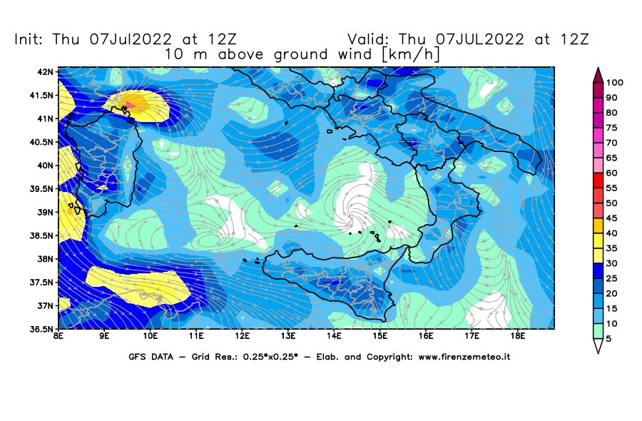 GFS analysi map - Wind Speed at 10 m above ground [km/h] in Southern Italy
									on 07/07/2022 12 <!--googleoff: index-->UTC<!--googleon: index-->