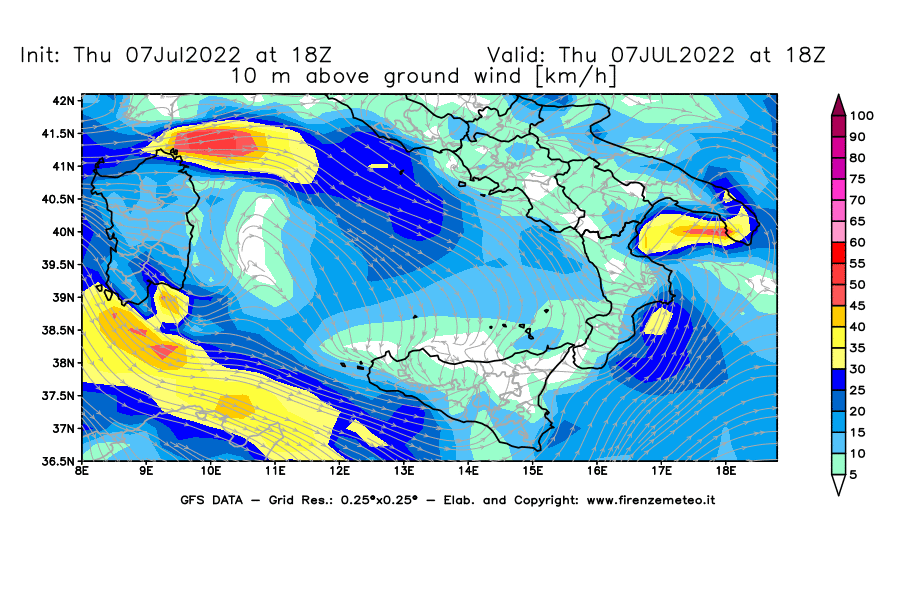 GFS analysi map - Wind Speed at 10 m above ground [km/h] in Southern Italy
									on 07/07/2022 18 <!--googleoff: index-->UTC<!--googleon: index-->