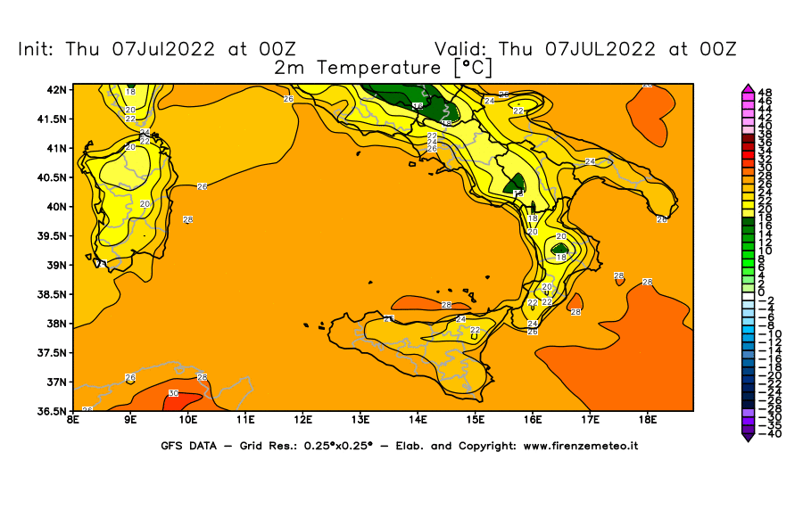 GFS analysi map - Temperature at 2 m above ground [°C] in Southern Italy
									on 07/07/2022 00 <!--googleoff: index-->UTC<!--googleon: index-->