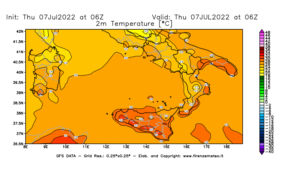 GFS analysi map - Temperature at 2 m above ground [°C] in Southern Italy
									on 07/07/2022 06 <!--googleoff: index-->UTC<!--googleon: index-->