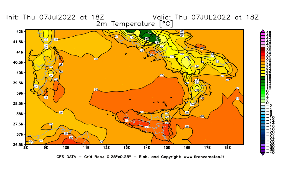 GFS analysi map - Temperature at 2 m above ground [°C] in Southern Italy
									on 07/07/2022 18 <!--googleoff: index-->UTC<!--googleon: index-->