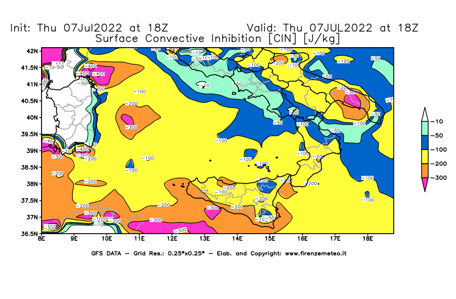 GFS analysi map - CIN [J/kg] in Southern Italy
									on 07/07/2022 18 <!--googleoff: index-->UTC<!--googleon: index-->