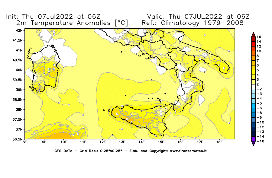 GFS analysi map - Temperature Anomalies [°C] at 2 m in Southern Italy
									on 07/07/2022 06 <!--googleoff: index-->UTC<!--googleon: index-->