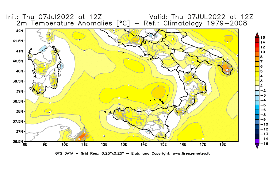 GFS analysi map - Temperature Anomalies [°C] at 2 m in Southern Italy
									on 07/07/2022 12 <!--googleoff: index-->UTC<!--googleon: index-->