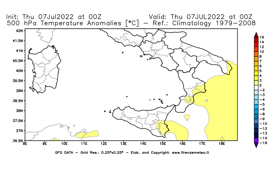 GFS analysi map - Temperature Anomalies [°C] at 500 hPa in Southern Italy
									on 07/07/2022 00 <!--googleoff: index-->UTC<!--googleon: index-->