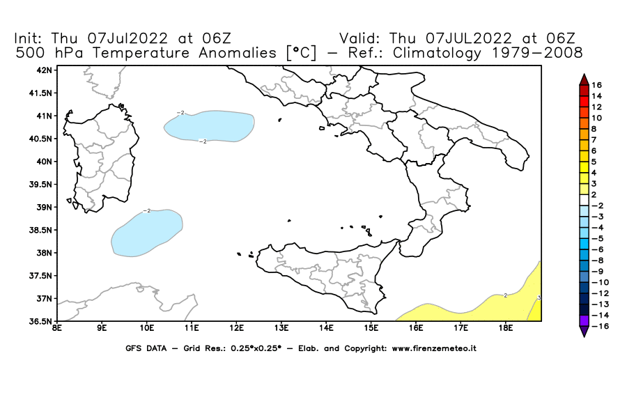 GFS analysi map - Temperature Anomalies [°C] at 500 hPa in Southern Italy
									on 07/07/2022 06 <!--googleoff: index-->UTC<!--googleon: index-->