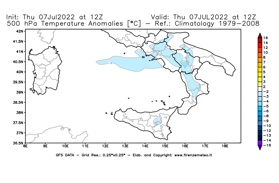 GFS analysi map - Temperature Anomalies [°C] at 500 hPa in Southern Italy
									on 07/07/2022 12 <!--googleoff: index-->UTC<!--googleon: index-->