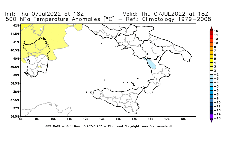 GFS analysi map - Temperature Anomalies [°C] at 500 hPa in Southern Italy
									on 07/07/2022 18 <!--googleoff: index-->UTC<!--googleon: index-->