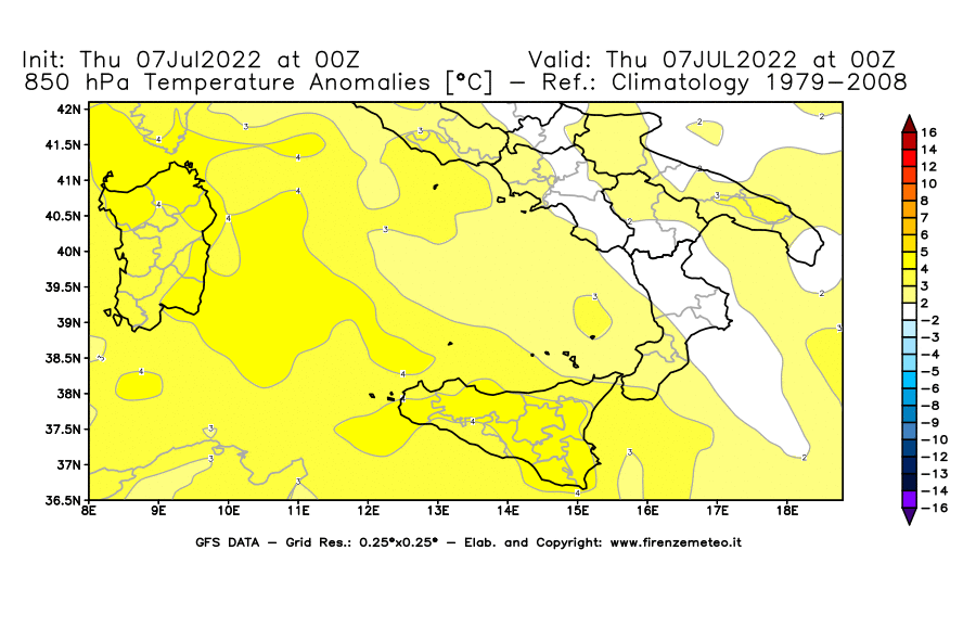 GFS analysi map - Temperature Anomalies [°C] at 850 hPa in Southern Italy
									on 07/07/2022 00 <!--googleoff: index-->UTC<!--googleon: index-->