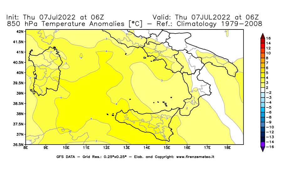 GFS analysi map - Temperature Anomalies [°C] at 850 hPa in Southern Italy
									on 07/07/2022 06 <!--googleoff: index-->UTC<!--googleon: index-->